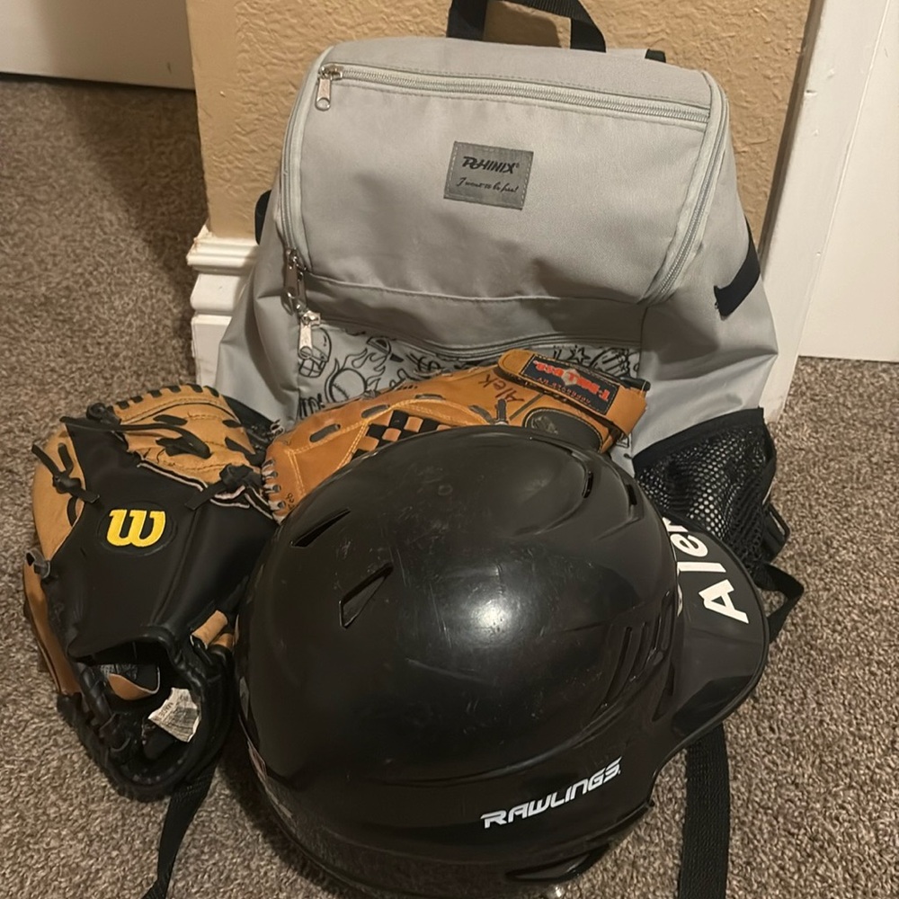 Gray Backpack for baseball child with baseball helmet and baseball gloves